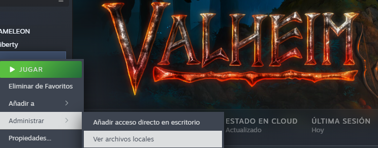 Menu de Steam con Ver archivos locales seleccionado
