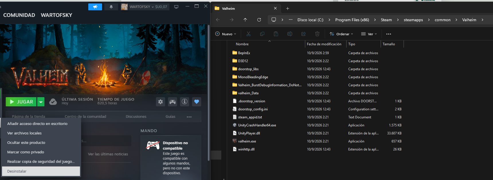 Menu de Steam con Desinstalar y carpeta de Valheim abierta